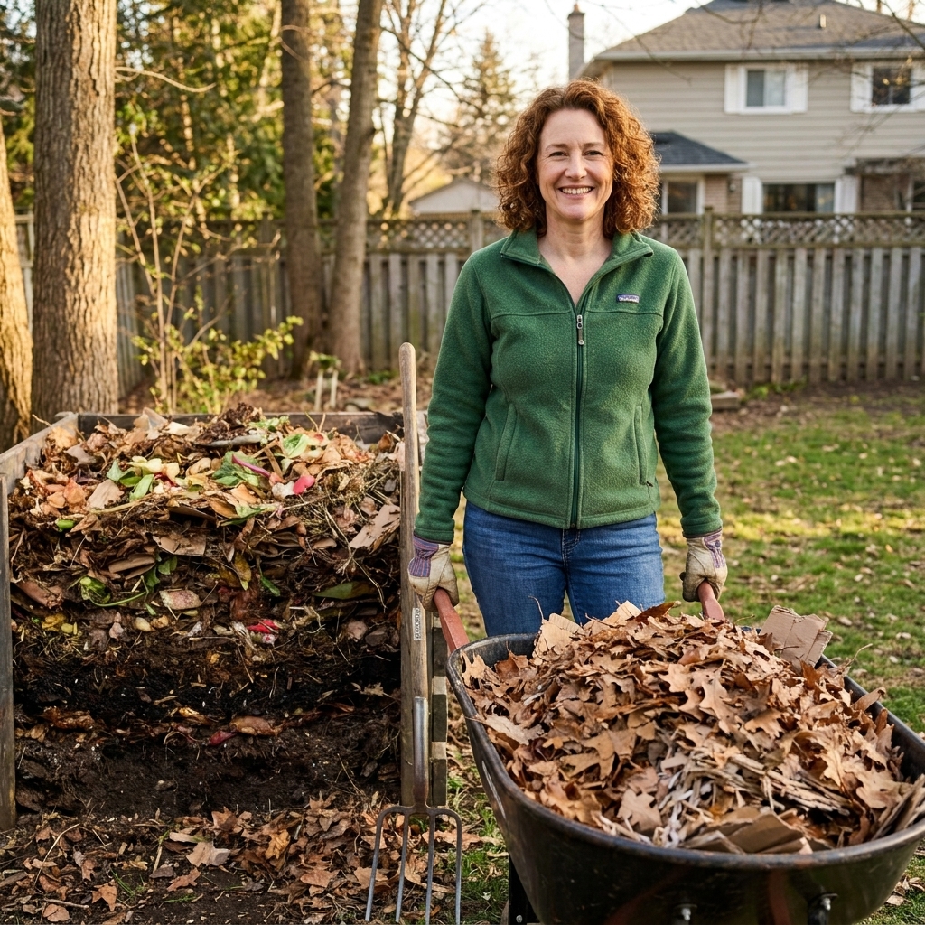 A wheelbarrow filled with dry brown leaves and shredded cardboard next to a compost pile in a suburban backyard