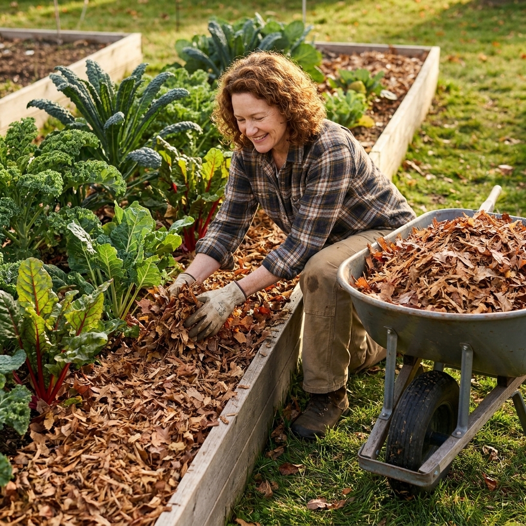 A wheelbarrow full of shredded autumn leaves next to a raised bed, with a gardener spreading an even layer of leaf mulch between rows of leafy greens