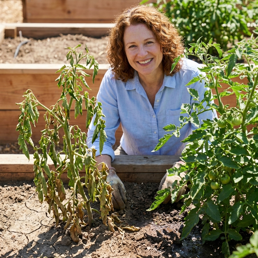A wilted tomato plant in a raised bed next to a healthy tomato plant, showing drooping leaves and dry soil surface in bright daylight