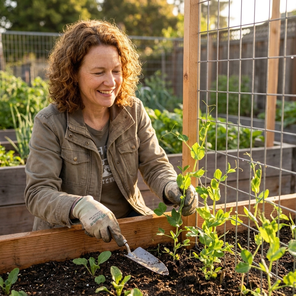 A wire mesh panel trellis attached to wooden stakes inside a raised bed with pea seedlings climbing, morning light on green leaves