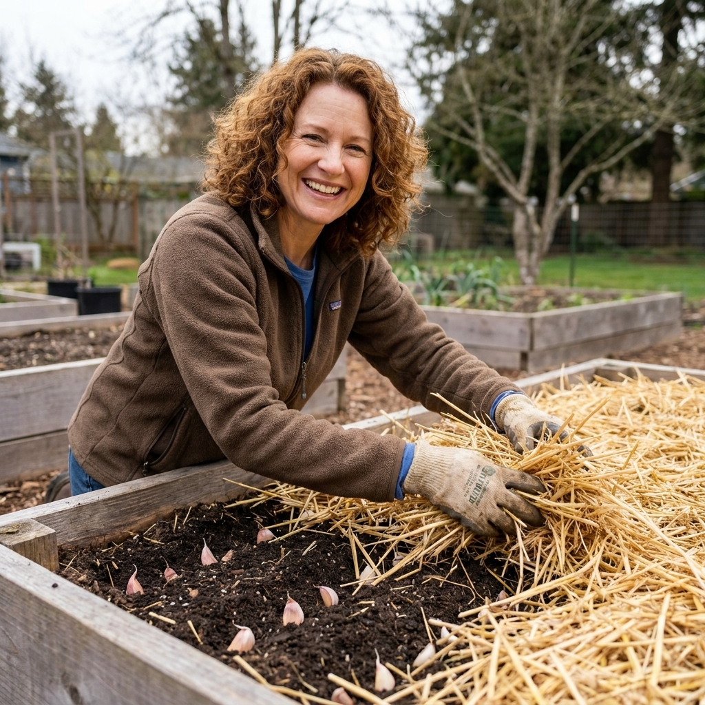 A wooden raised bed filled with dark compost-rich soil, planted garlic rows, and a thick straw mulch layer ready for winter