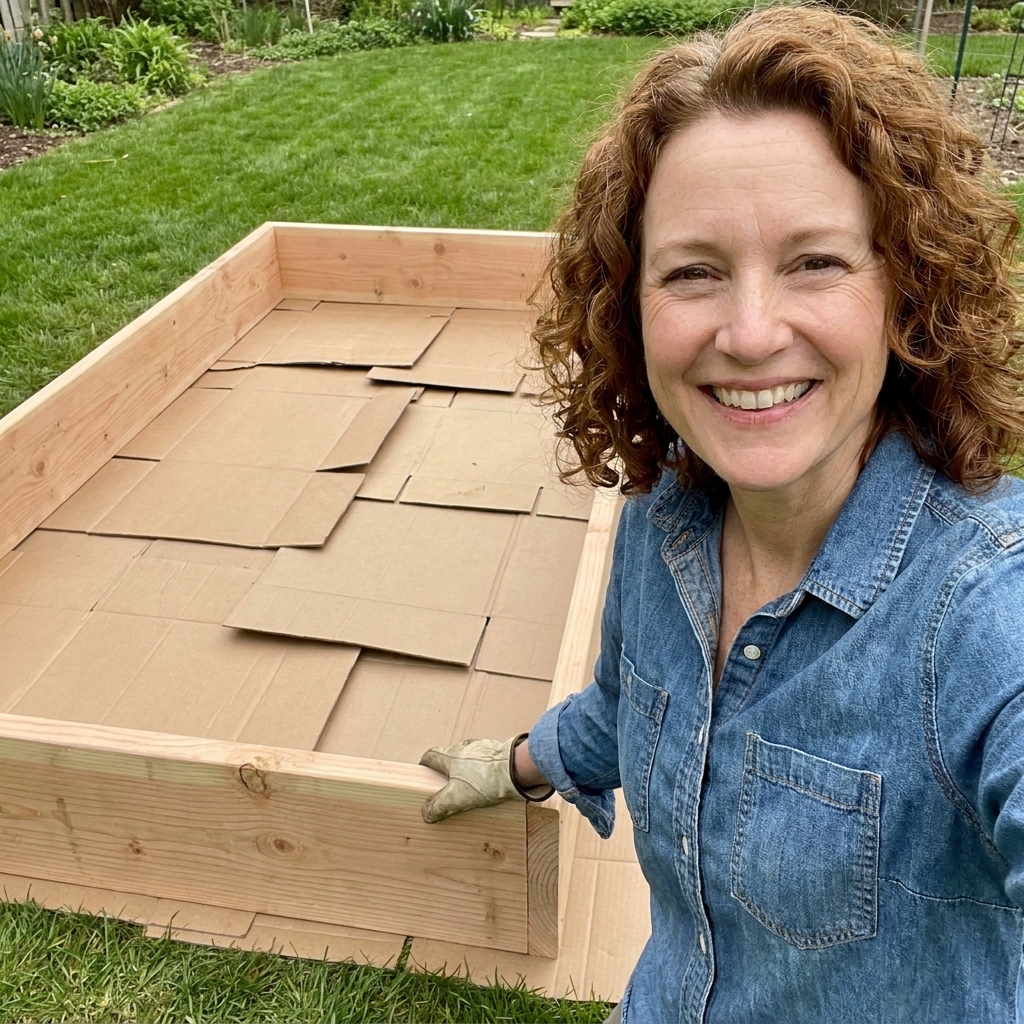 A wooden raised bed frame placed over overlapping sheets of plain cardboard on grass, ready to be filled with soil