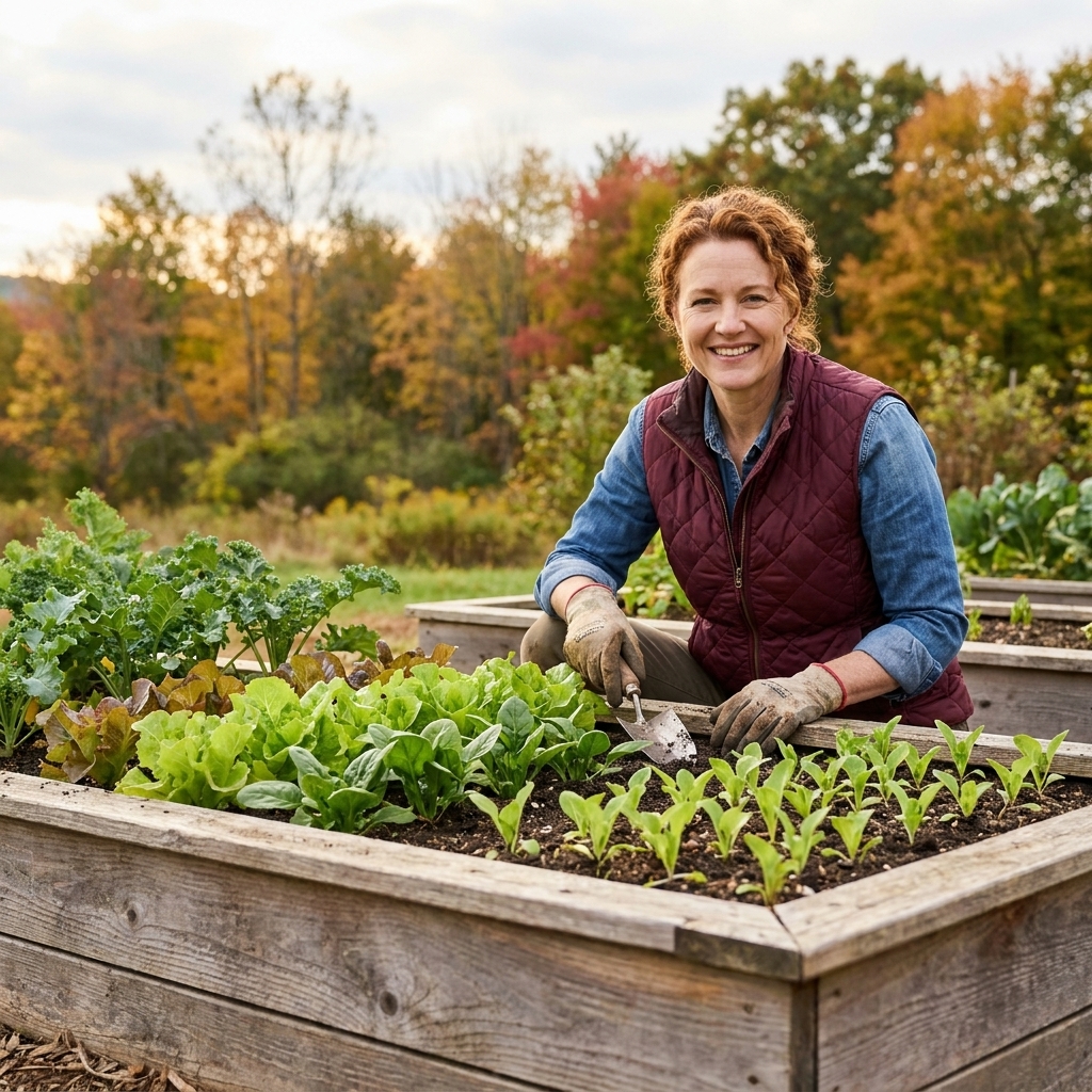 A wooden raised bed in early fall filled with young leafy greens and neat rows of seedlings, with trees showing slight autumn color in the background