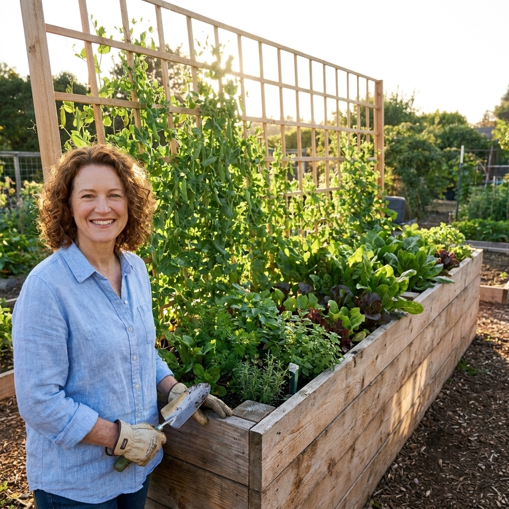 A wooden raised bed with a tall trellis on the back side, positioned so the trellis casts minimal shade across the bed