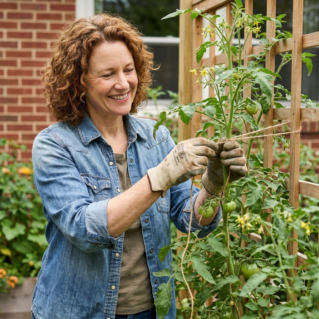 An indeterminate tomato plant trained vertically with a single main stem tied to a tall trellis using soft garden twine