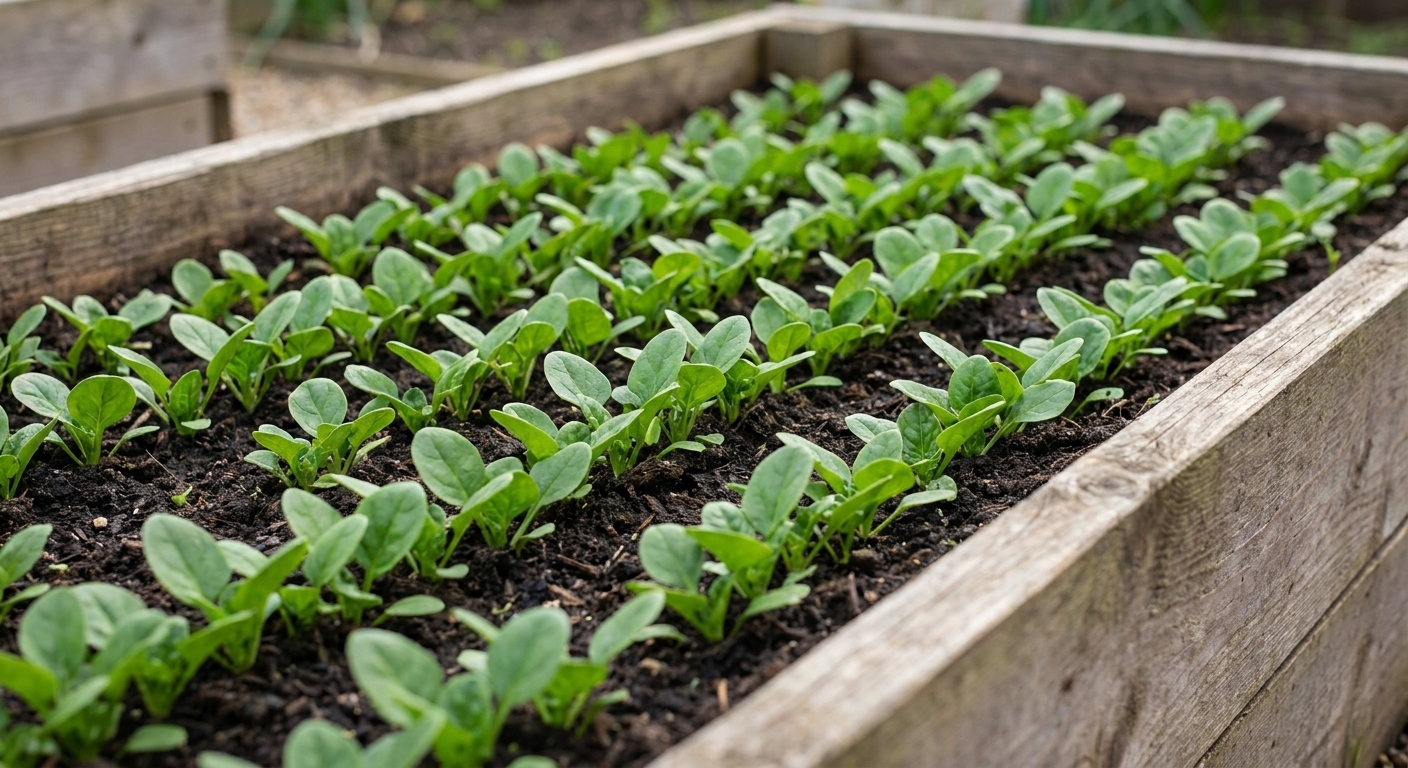 Baby spinach seedlings with smooth green leaves growing in neat rows in a wooden raised bed