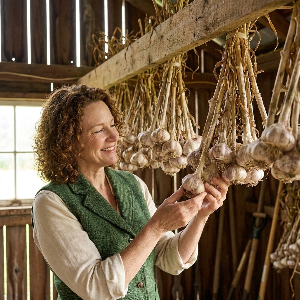 Bundles of harvested garlic hanging from a wooden beam in a shaded, airy shed, with papery skins drying