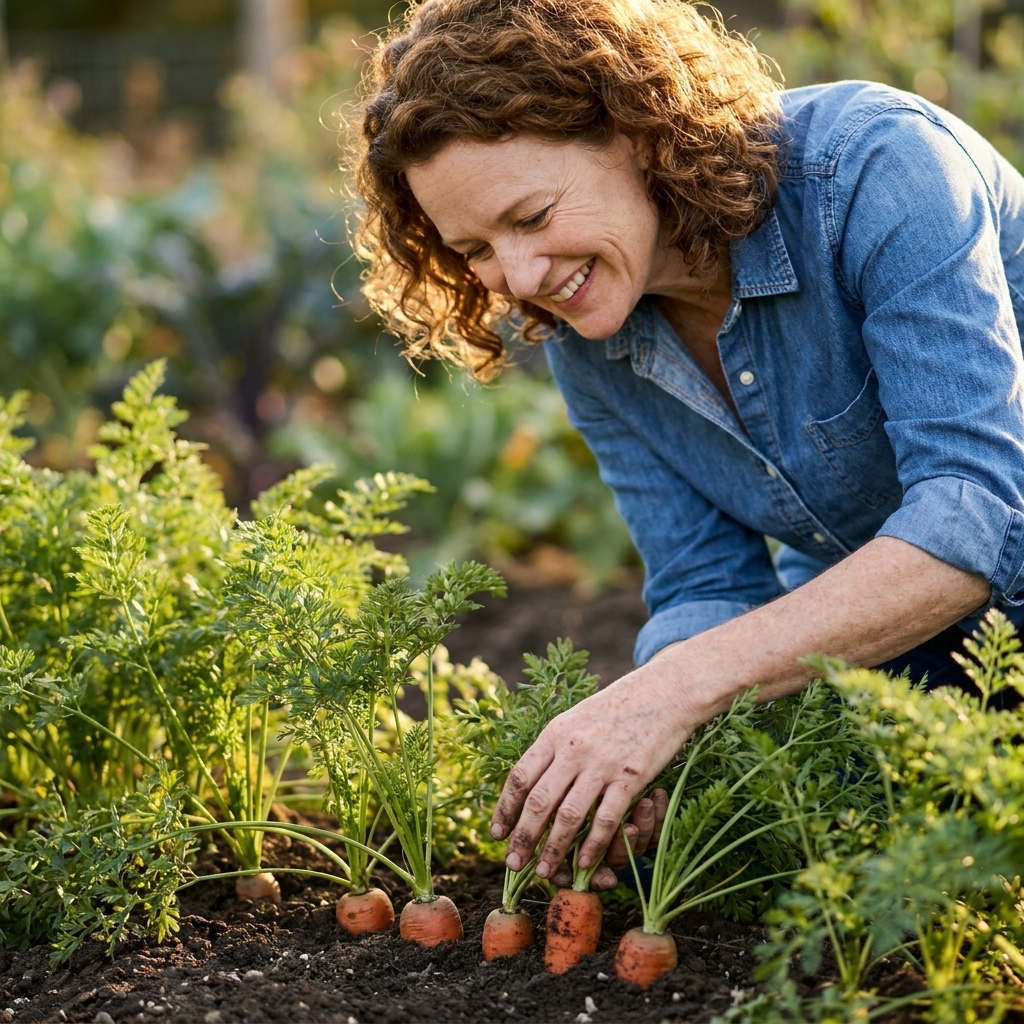 Carrot tops in a garden row with orange shoulders peeking above the soil surface
