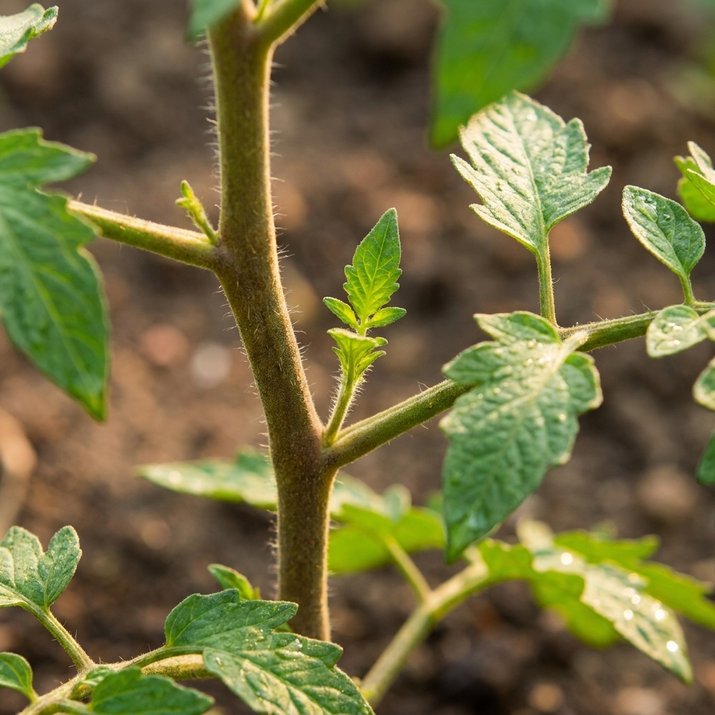 Close-up of a tomato plant showing a small sucker emerging from the joint between the main stem and a leaf stem