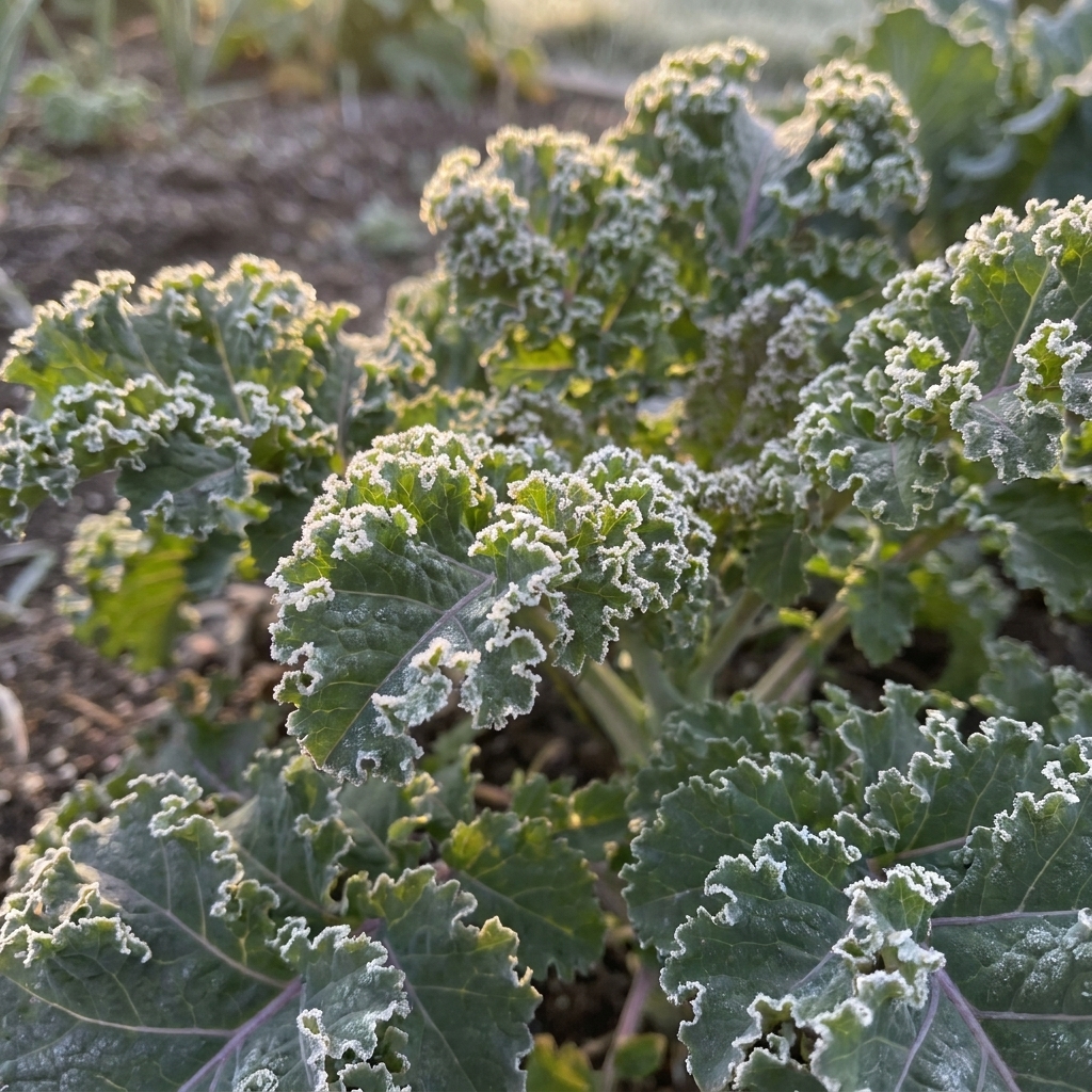 Close-up of curly kale leaves outdoors with a light frost on the ruffled edges in early morning
