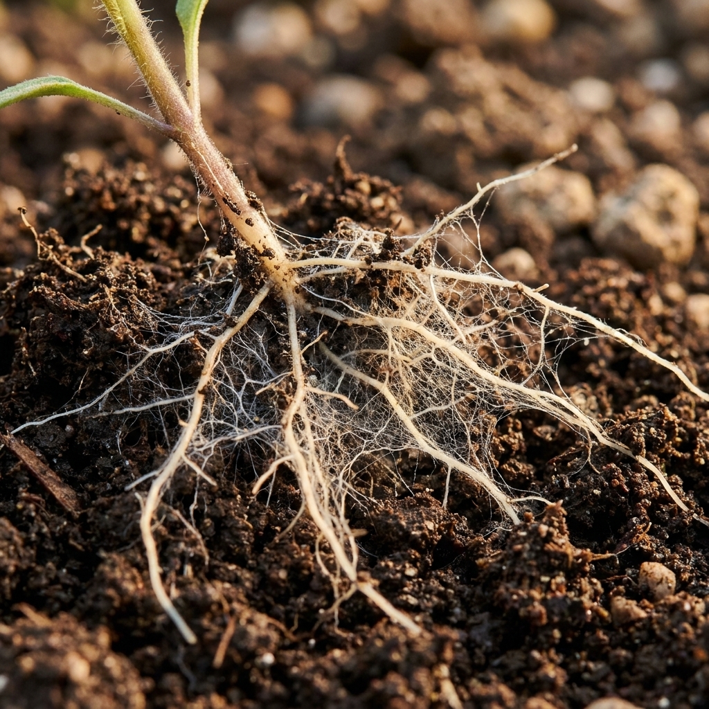 Close-up photograph of fine white fungal threads growing around and along the roots of a young vegetable seedling in dark, crumbly soil