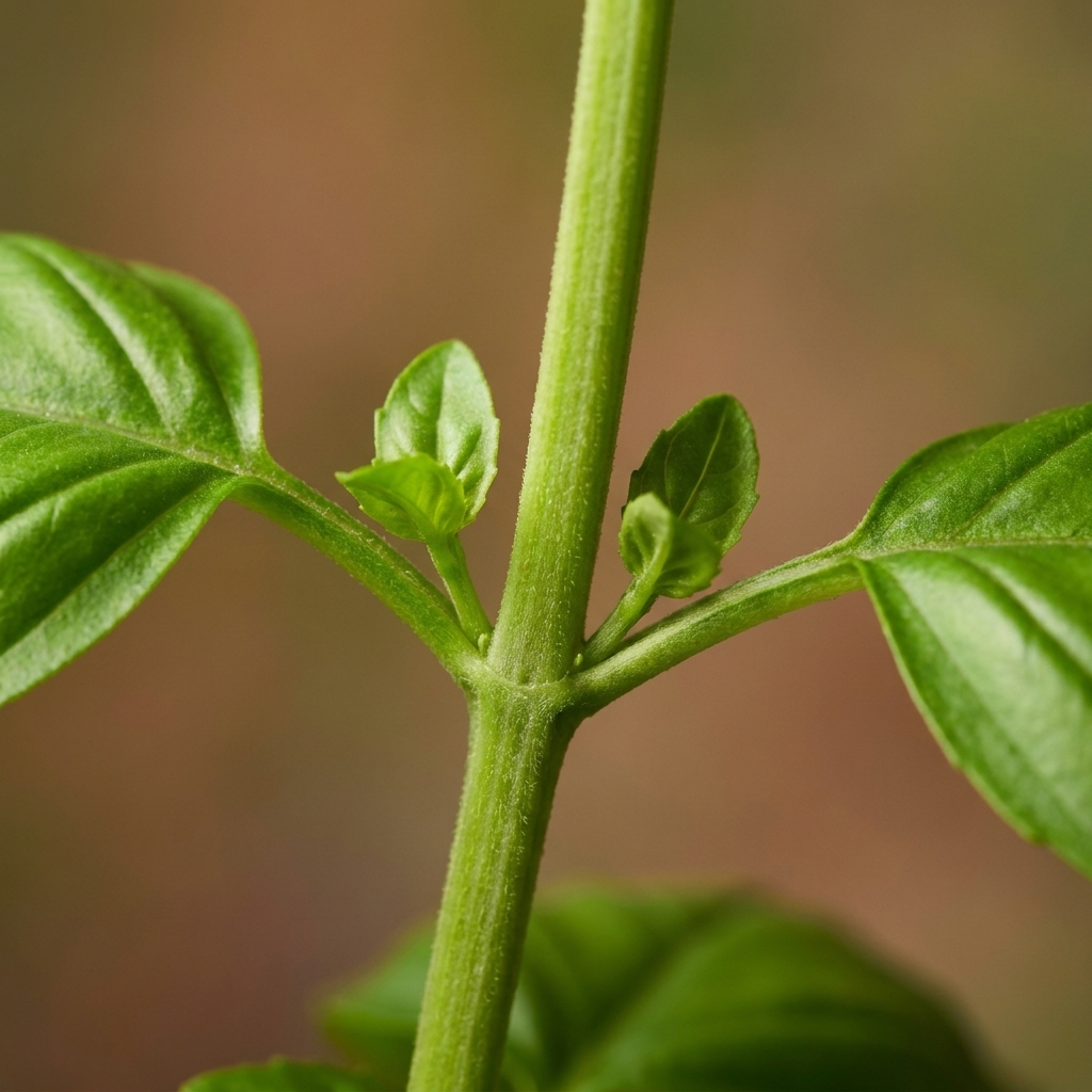 Close view of a basil stem showing a leaf node where two leaves emerge, with new shoots forming at the node