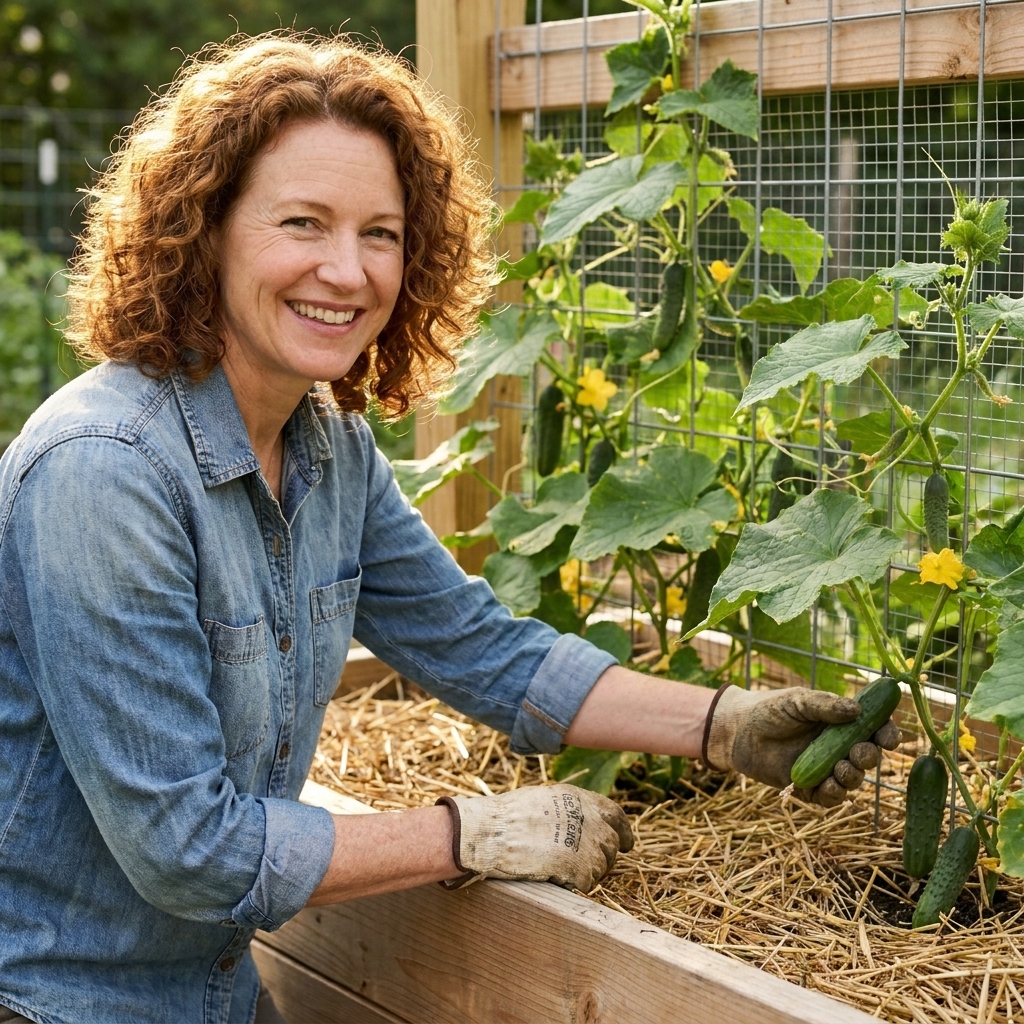 Cucumber vines climbing a simple garden trellis attached to the back of a raised bed, with young cucumbers hanging and mulch covering the soil