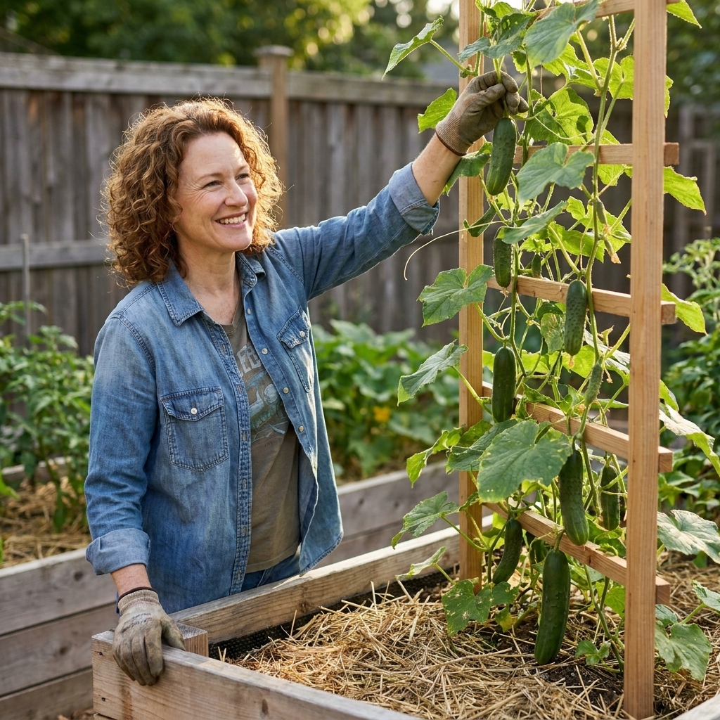 Cucumber vines climbing a vertical trellis attached to a raised bed, with developing cucumbers hanging and mulched soil below