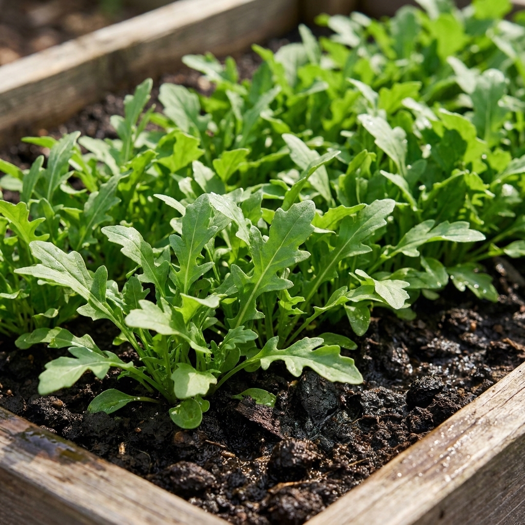 Dense baby arugula leaves growing in a raised bed with jagged green leaves and moist soil