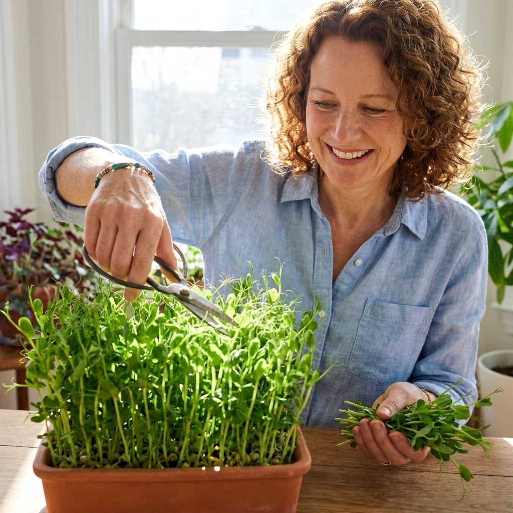 Fresh pea shoots growing thickly in a container while a hand harvests them with scissors
