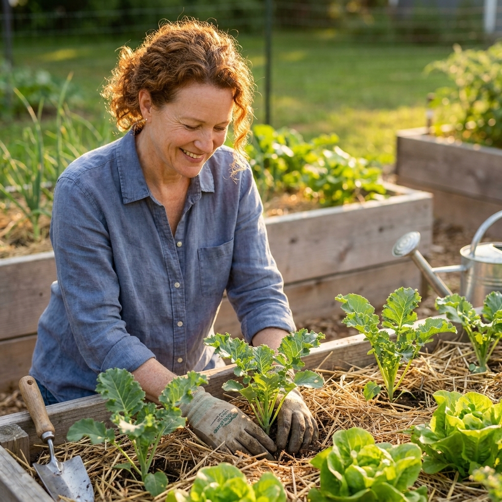 Freshly transplanted kale and lettuce seedlings in a raised bed during late summer, with mulch between plants and soft evening light
