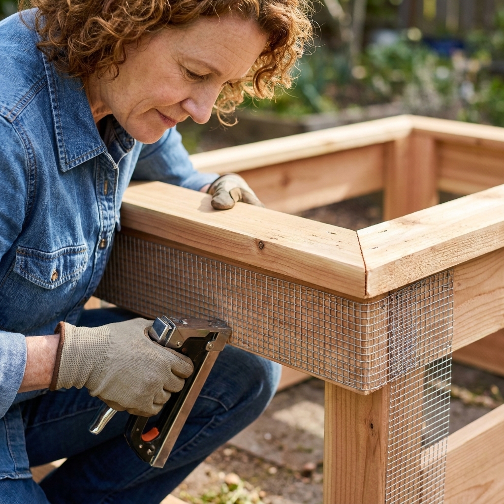 Galvanized hardware cloth stapled densely along the underside edge of a cedar raised bed frame, with corners folded neatly
