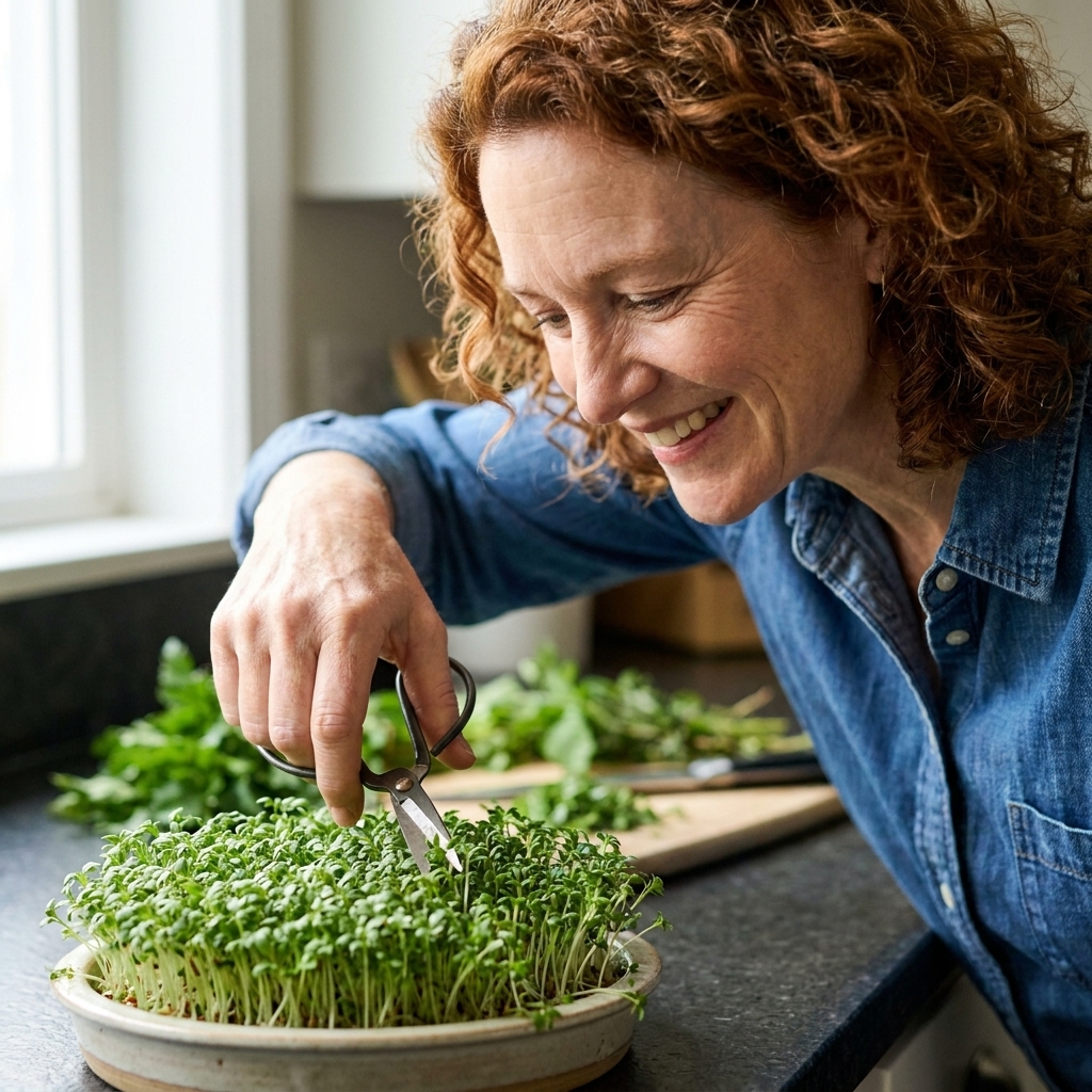 Garden cress growing thickly in a shallow container while a hand snips fresh sprouts with small scissors