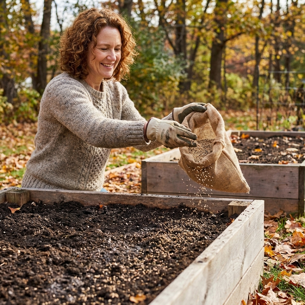 Hands broadcasting cover crop seed over a weed-free raised bed with dark, moist soil in autumn