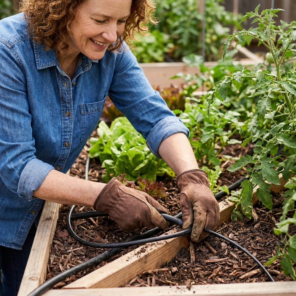 Hands installing 1/2-inch poly tubing and 1/4-inch dripline along the edge of a wooden raised bed filled with vegetable plants and mulch