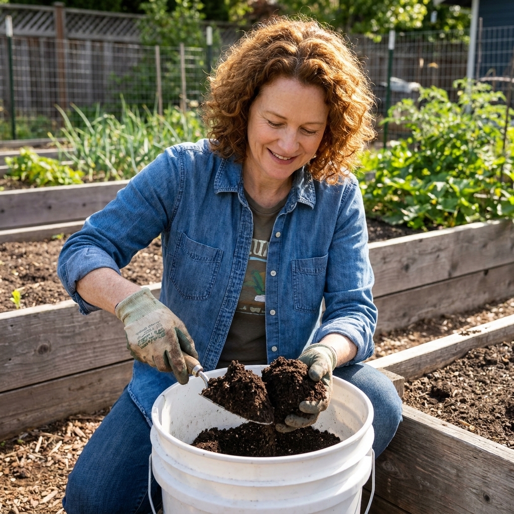 Hands mixing several small soil scoops together in a plastic bucket beside a raised bed, preparing a composite sample for testing