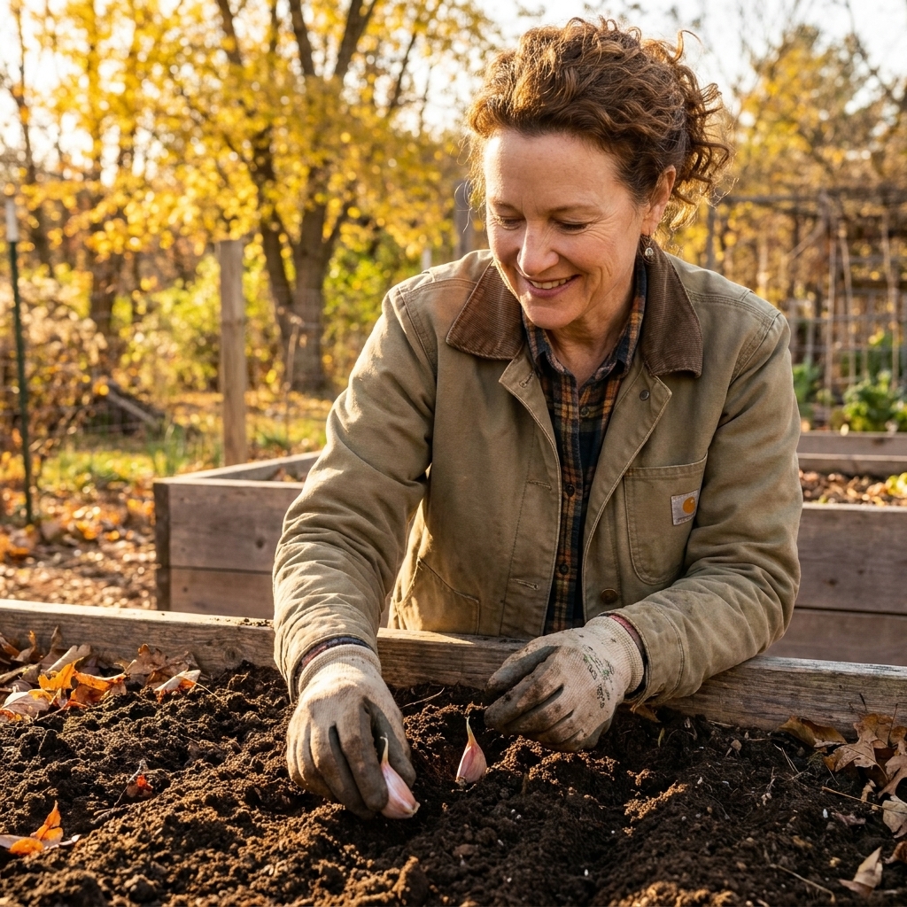 Hands placing garlic cloves point-up into a freshly amended raised bed in autumn light
