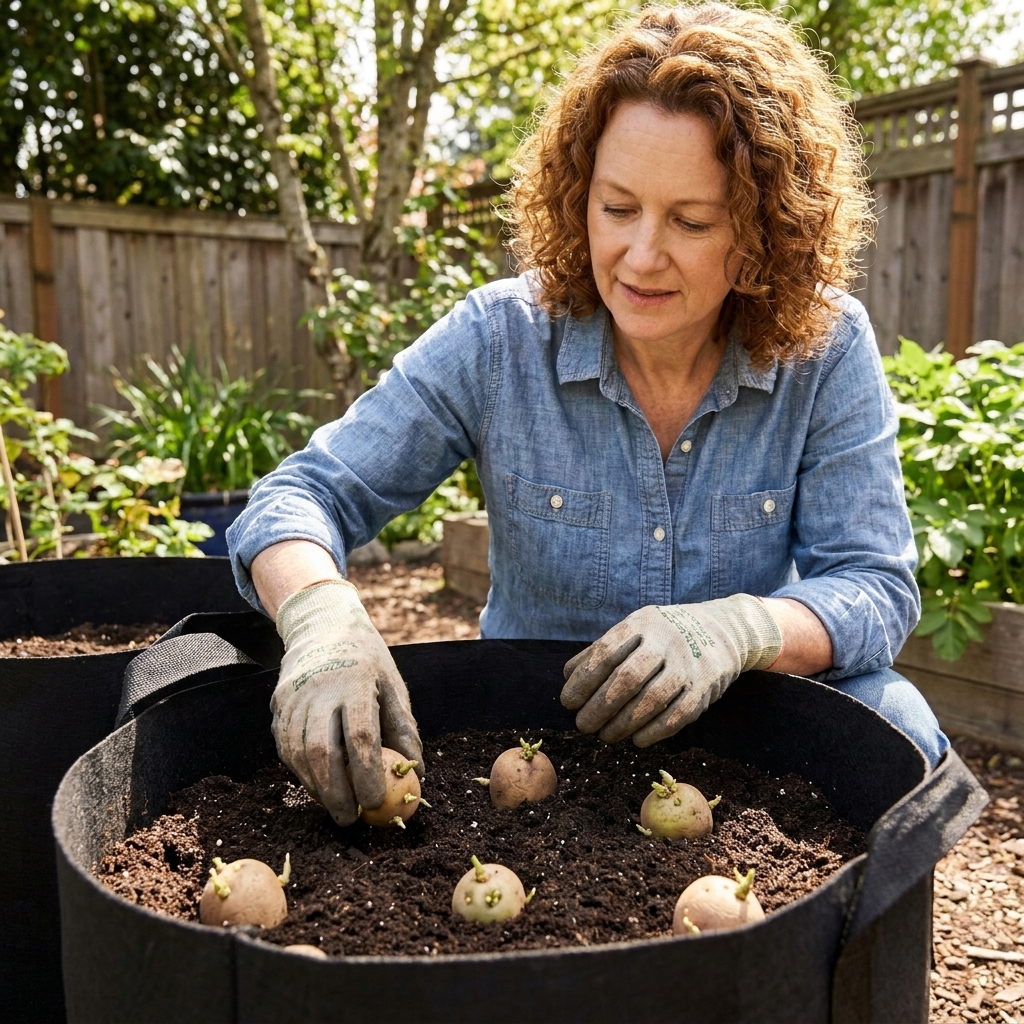 Hands placing sprouted seed potatoes on a layer of soil inside a black fabric grow bag in a backyard garden setting.