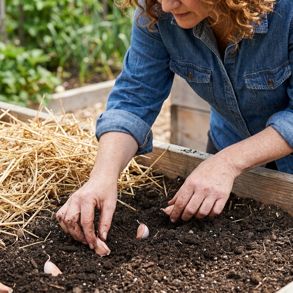 Hands planting individual garlic cloves in a raised bed with loose soil, with straw mulch nearby