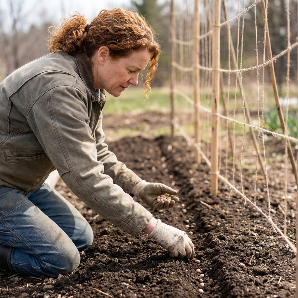 Hands planting pea seeds along a garden row in early spring soil with a simple trellis ready nearby