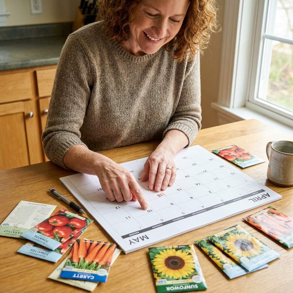 Hands pointing at dates on a paper calendar on a table with seed packets nearby