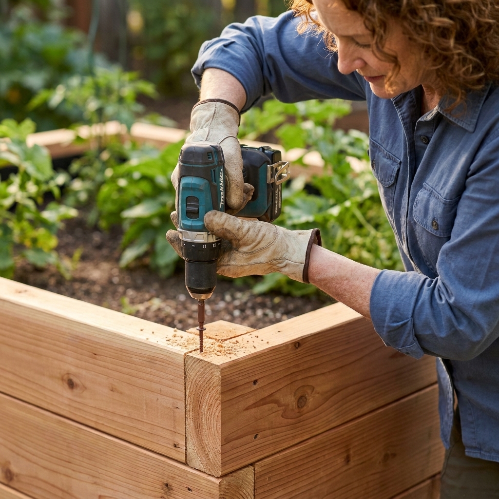 Hands using a cordless drill to drive exterior screws into the corner joint of a wooden raised garden bed frame