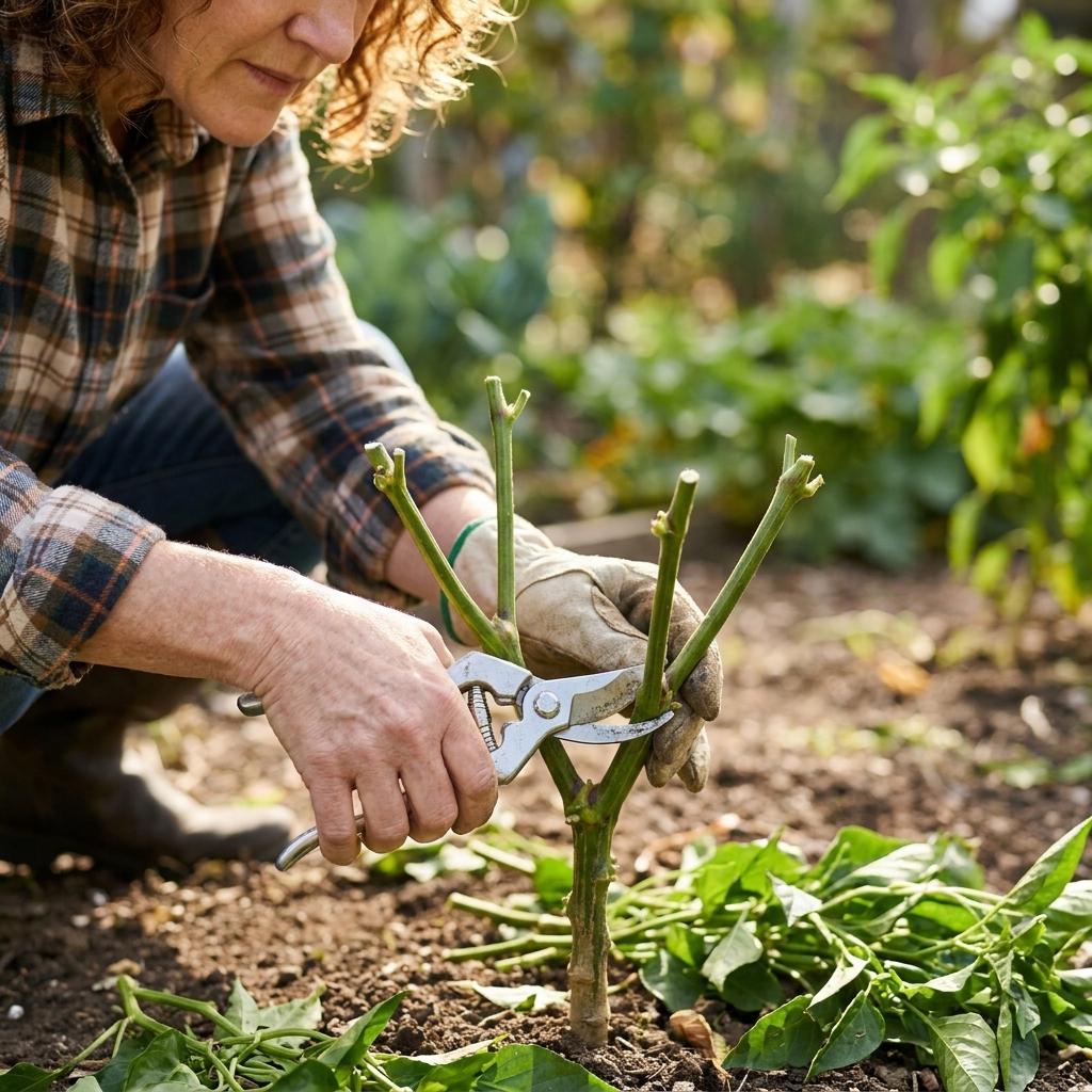 Hands using clean garden pruners to cut back a pepper plant to a short, sturdy framework with several main branches remaining