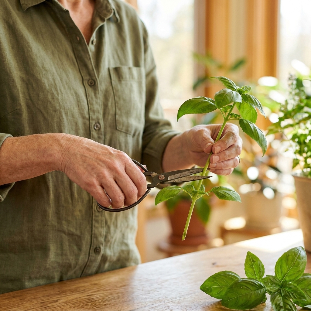 Hands using small garden scissors to cut a basil stem just above a pair of leaves, with the cut positioned slightly above the node