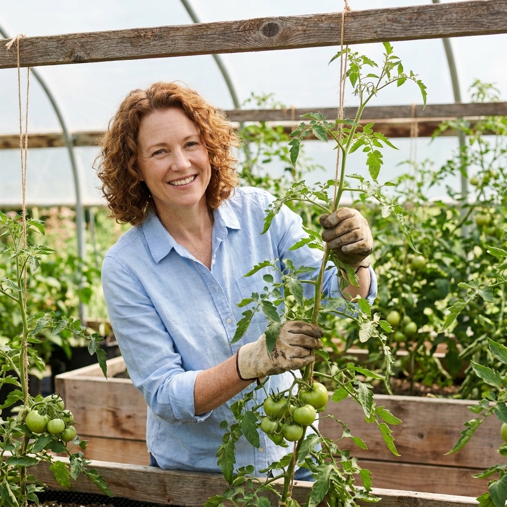 Indeterminate tomato plants trained vertically on hanging twine strings attached to a wooden top bar over a raised bed, with green tomatoes forming