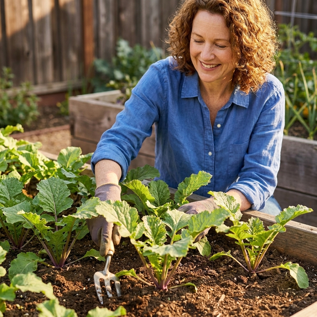 Lush young turnip greens growing in rows with textured leaves and visible stems in a raised bed