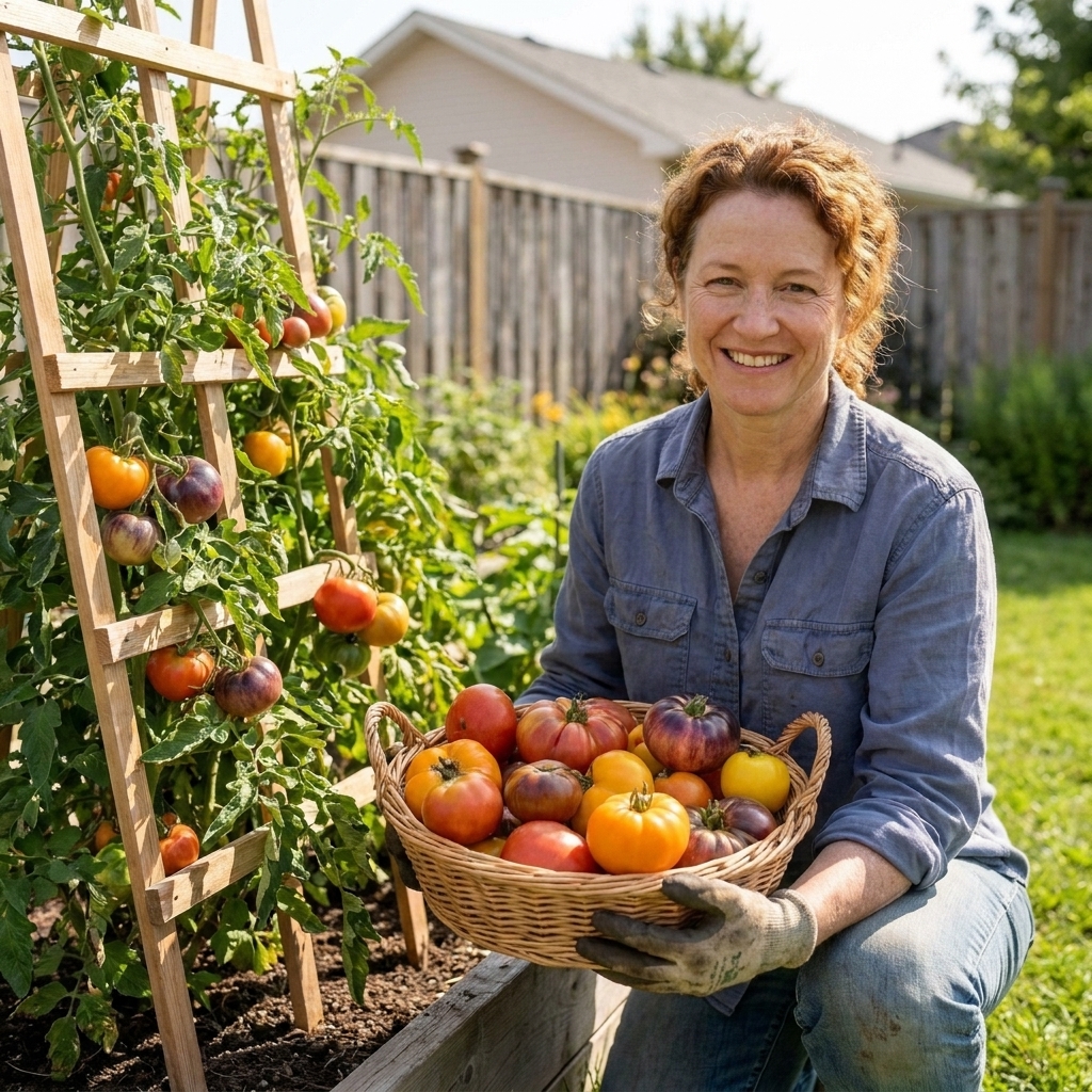 Maggie O’Connell holding a basket of multicolored heirloom tomatoes next to a tall tomato trellis in her backyard