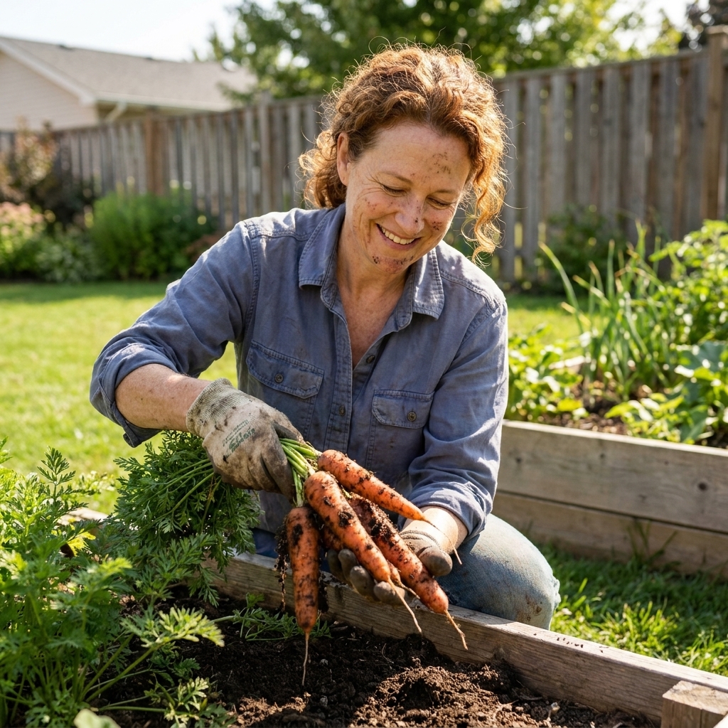 Maggie O’Connell kneeling beside a raised bed in a suburban backyard, gently lifting a cluster of carrots from dark, crumbly soil on a sunny afternoon