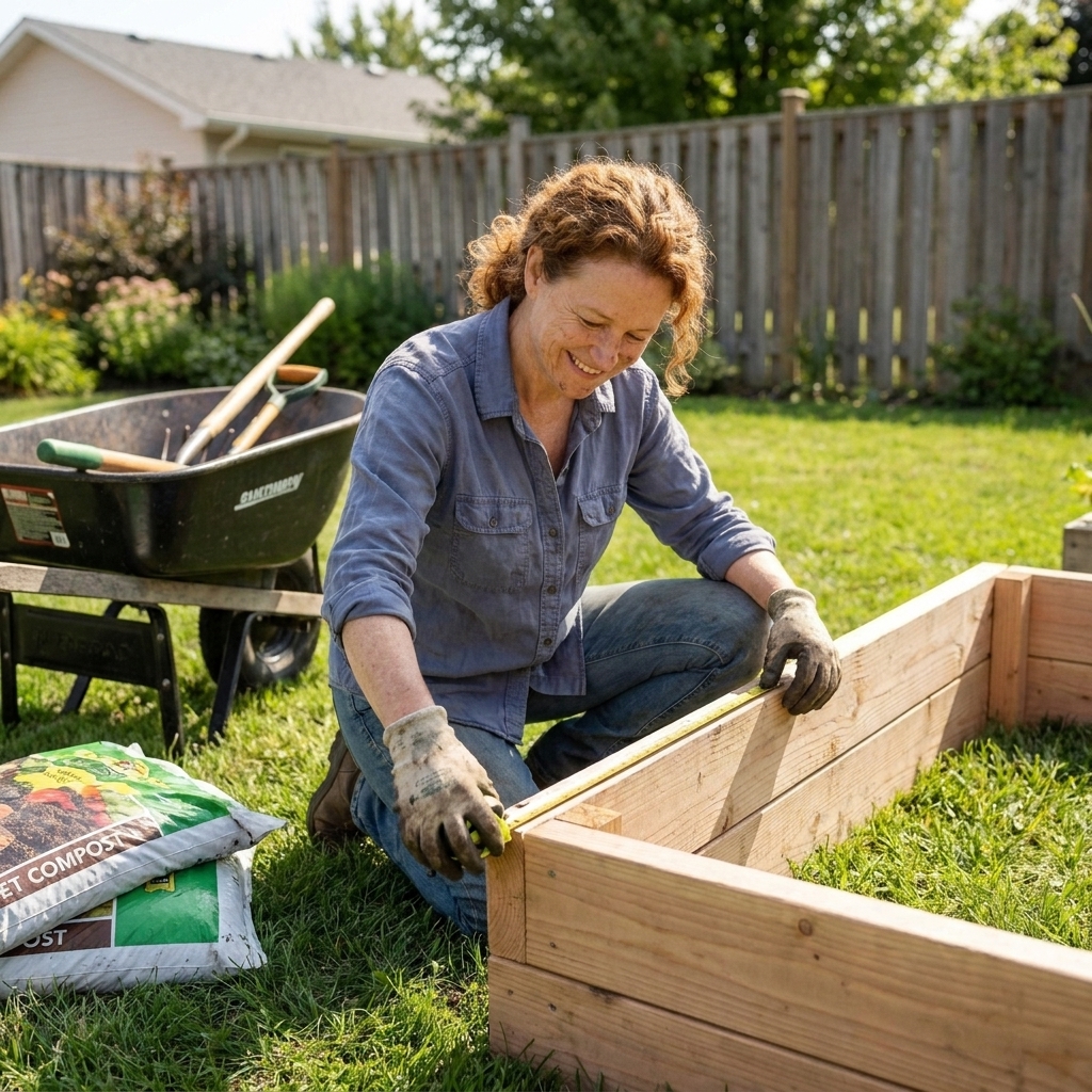 Maggie O’Connell measuring a wooden raised bed frame in a backyard, with bags of compost and a wheelbarrow nearby