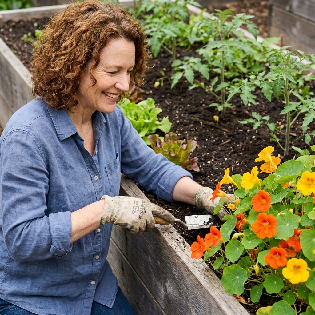 Nasturtium plants spilling gently over the wooden edge of a raised bed, with nearby vegetable plants growing in rich soil