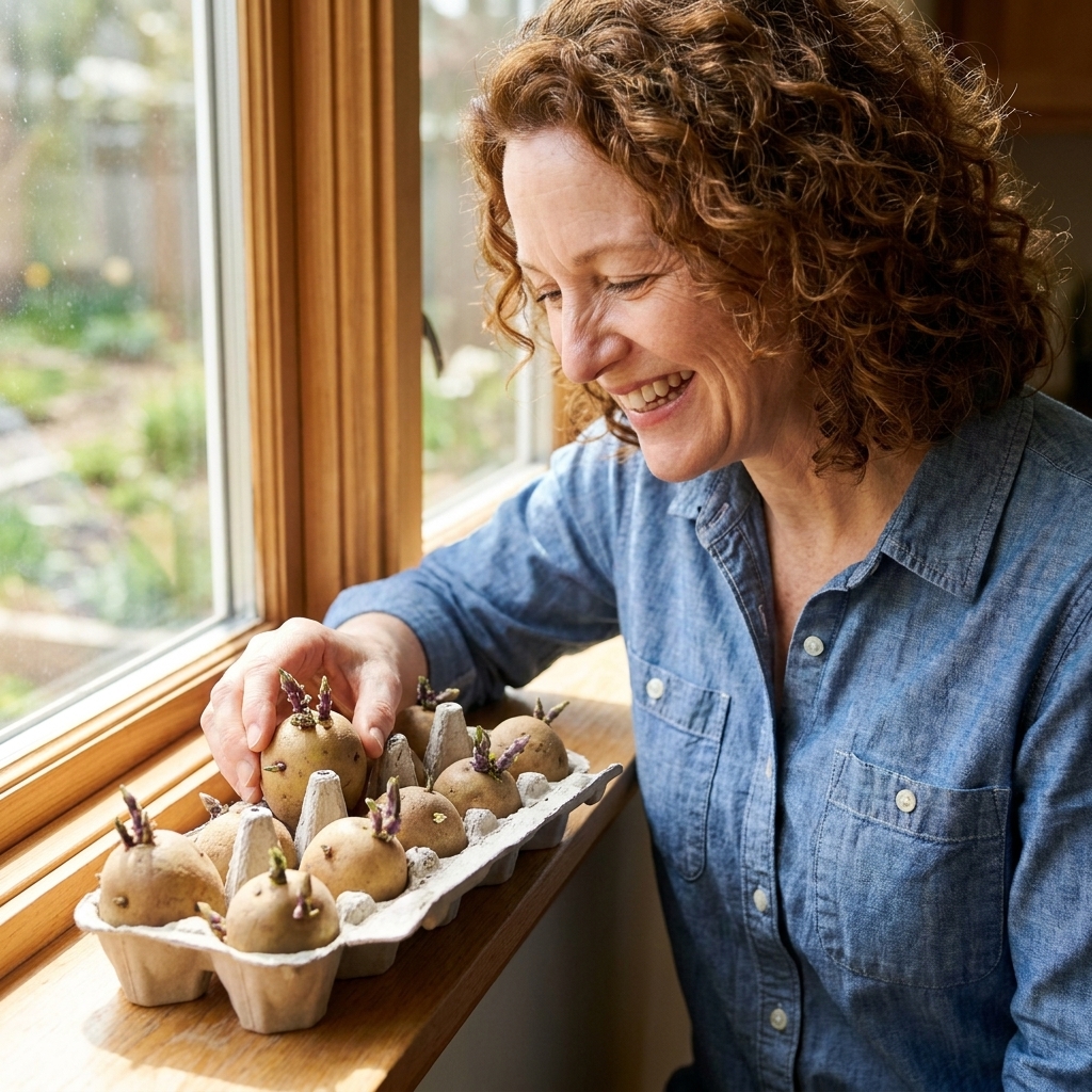 Seed potatoes chitting in an egg carton on a bright windowsill, with short sturdy sprouts forming from the eyes.