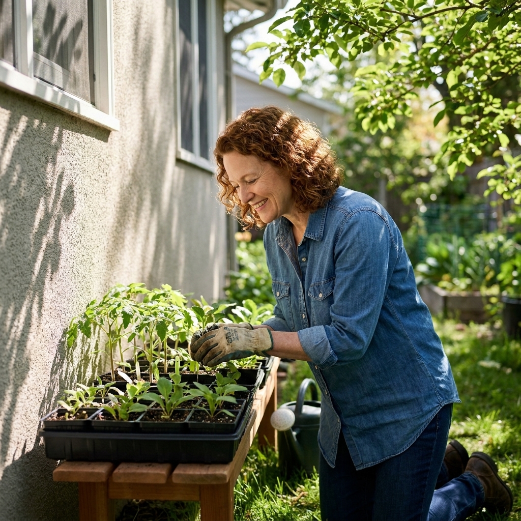 Seedling trays set outdoors in dappled shade for hardening off near a house wall