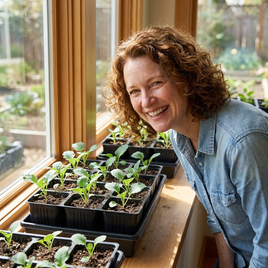 Small broccoli seedlings with two to three true leaves growing in black cell trays near a sunny window
