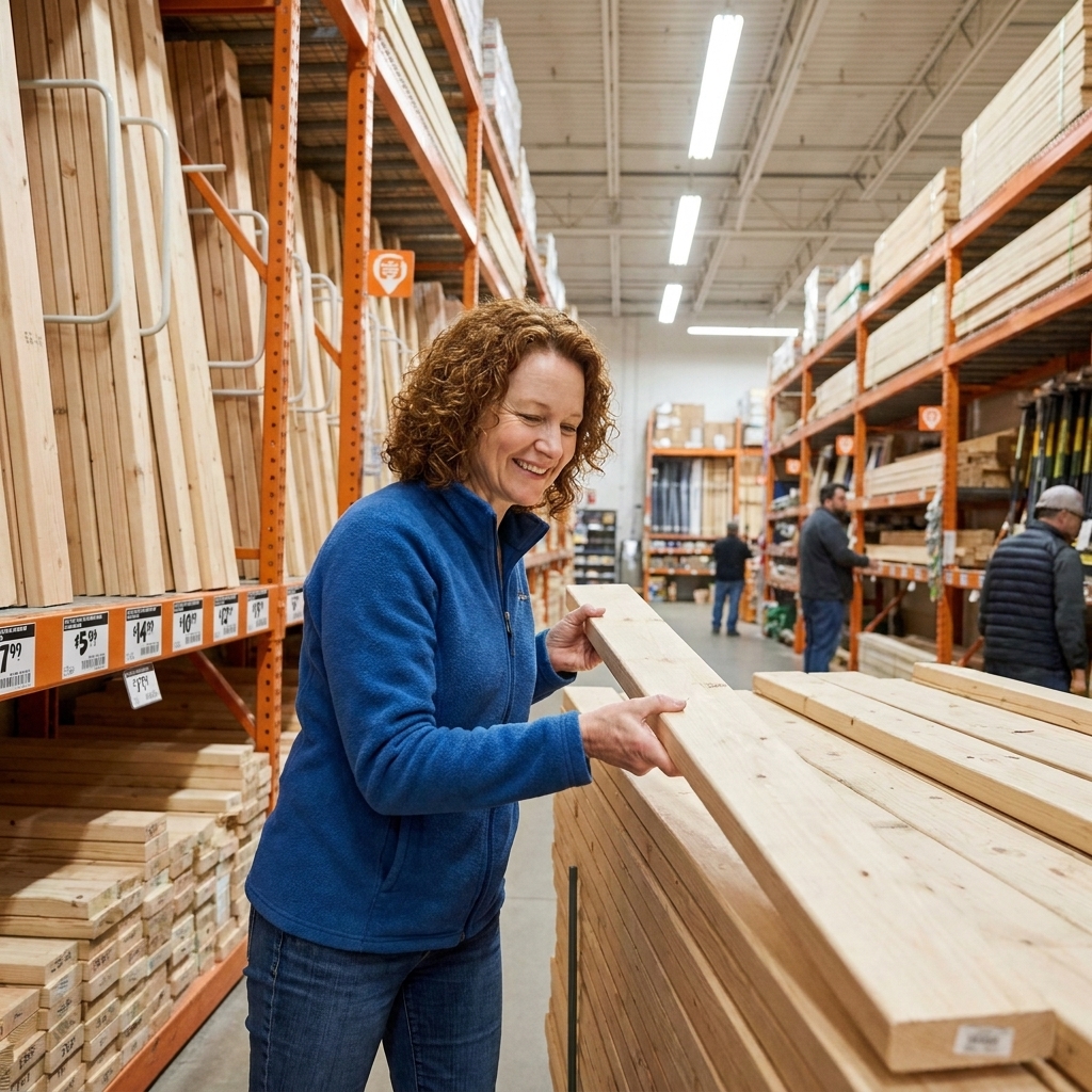 Stacks of dimensional lumber at a home improvement store, with several straight boards pulled slightly forward for selection