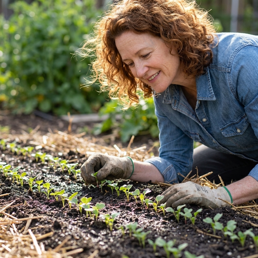 Tiny radish seedlings in neat rows in dark, moist garden soil with cool spring light and a few straw mulch pieces scattered nearby