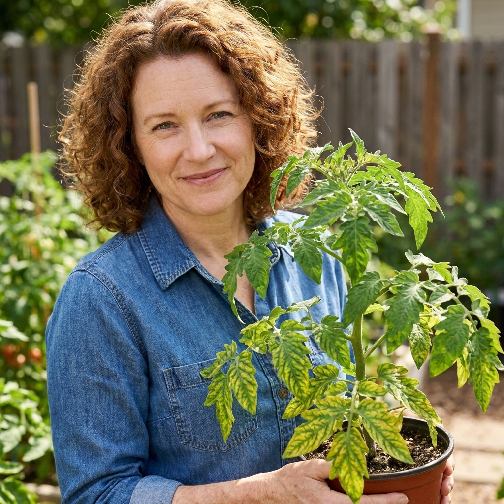 Tomato plant with older lower leaves showing yellowing between green veins while the newer top growth remains greener