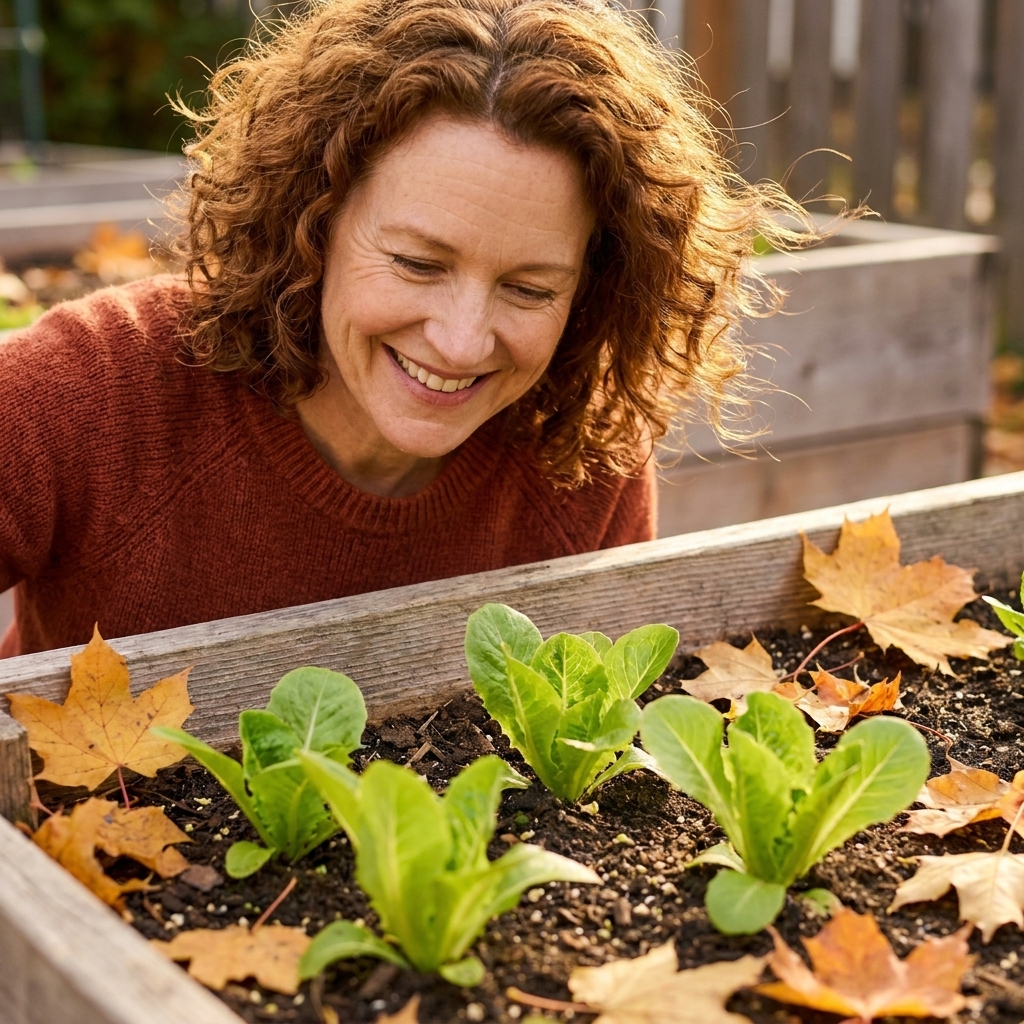 Young lettuce seedlings growing in a raised bed during early fall with golden leaves scattered nearby