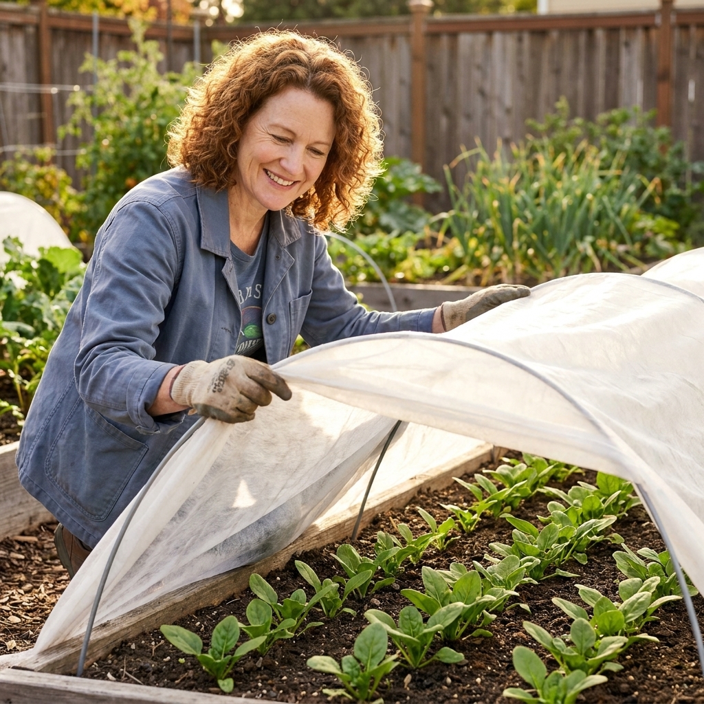 Young spinach seedlings growing in a garden bed under a lightweight row cover fabric supported by low hoops